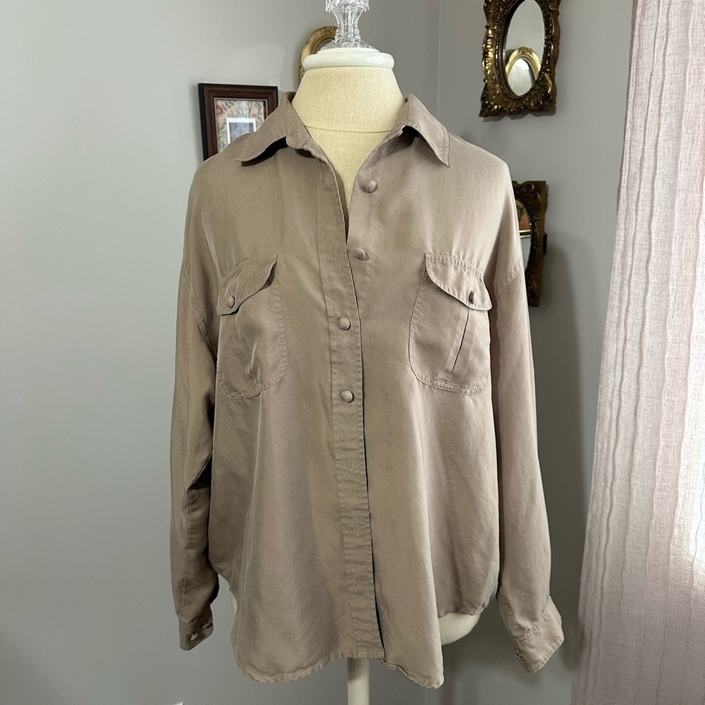 Vintage Silk Anna And Frank Taupe Button-Down Shirt